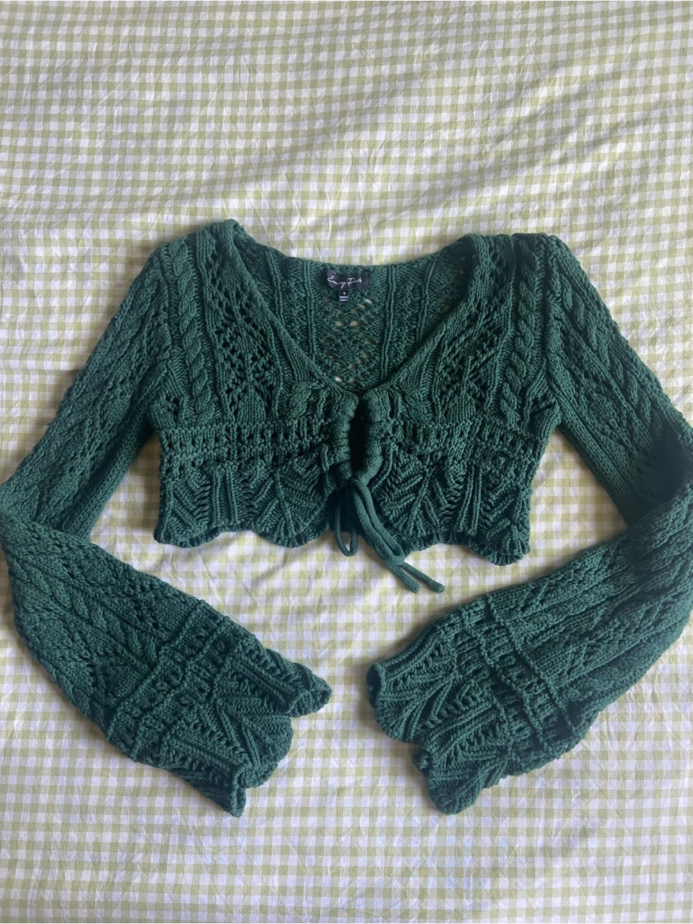 Emory Park Forest Green Crochet Knit Bell Sleeve Tie Front Cotton Crop Top S